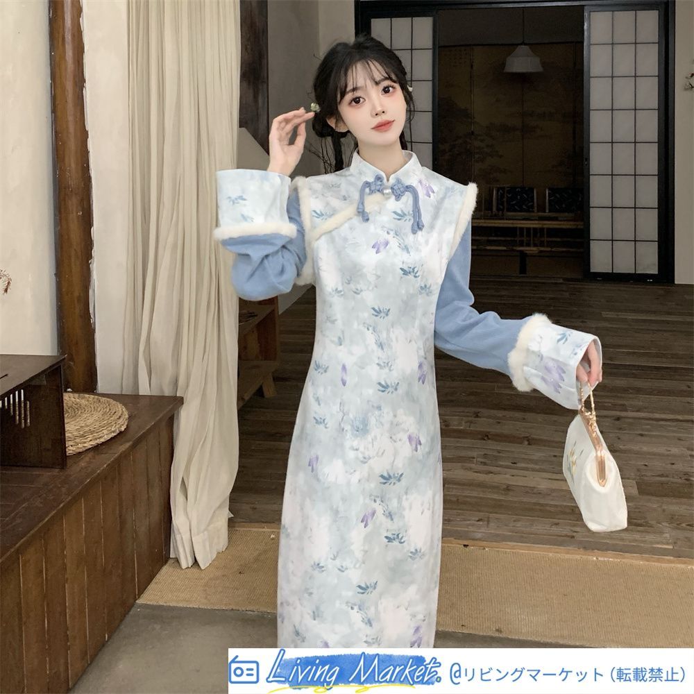 2024年秋冬新作 新中式国風 花朝如約 気質旗袍連衣裙 2色展開 印花デザイン S～2XLサイズ対応 エレガントなレトロスタイル 女性向け CS626P387