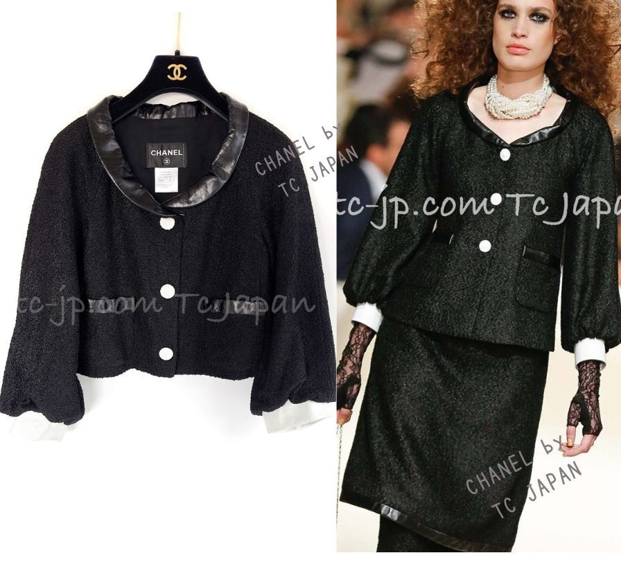 シャネル ジャケット CHANEL 15C ブラック カーフレザー襟 カフス付 ツイード ランウェイ登場 ココボタン 超美品 40 42