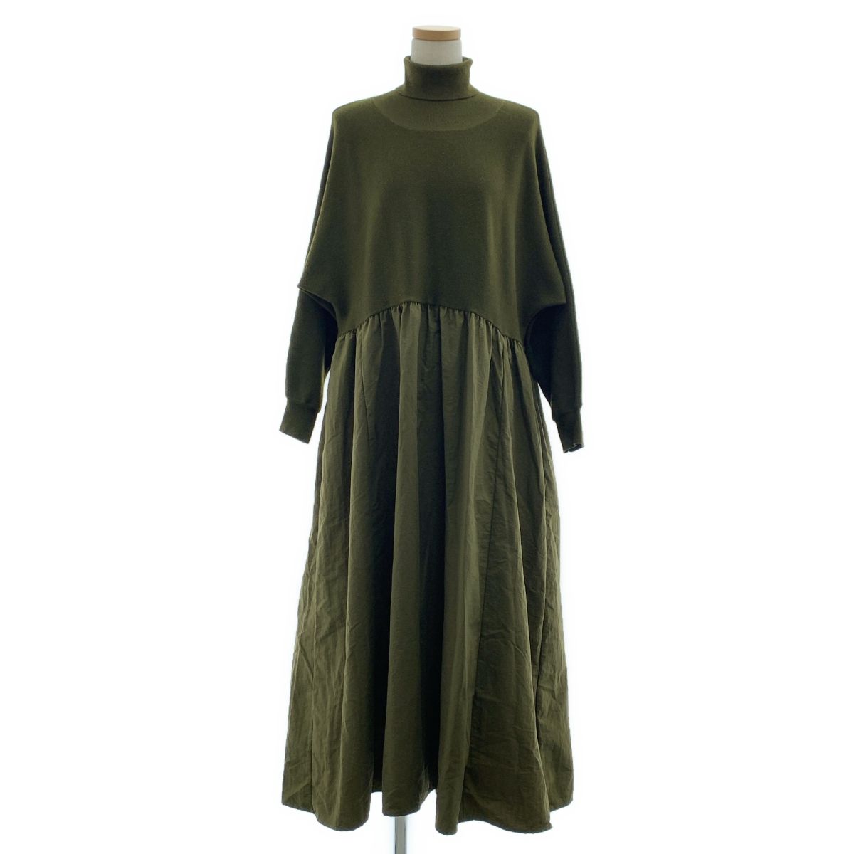 【美品】 BEARDSLEY / ビアズリー | ウール混 タートルネックニット コンビワンピース | 1 | カーキ | レディース