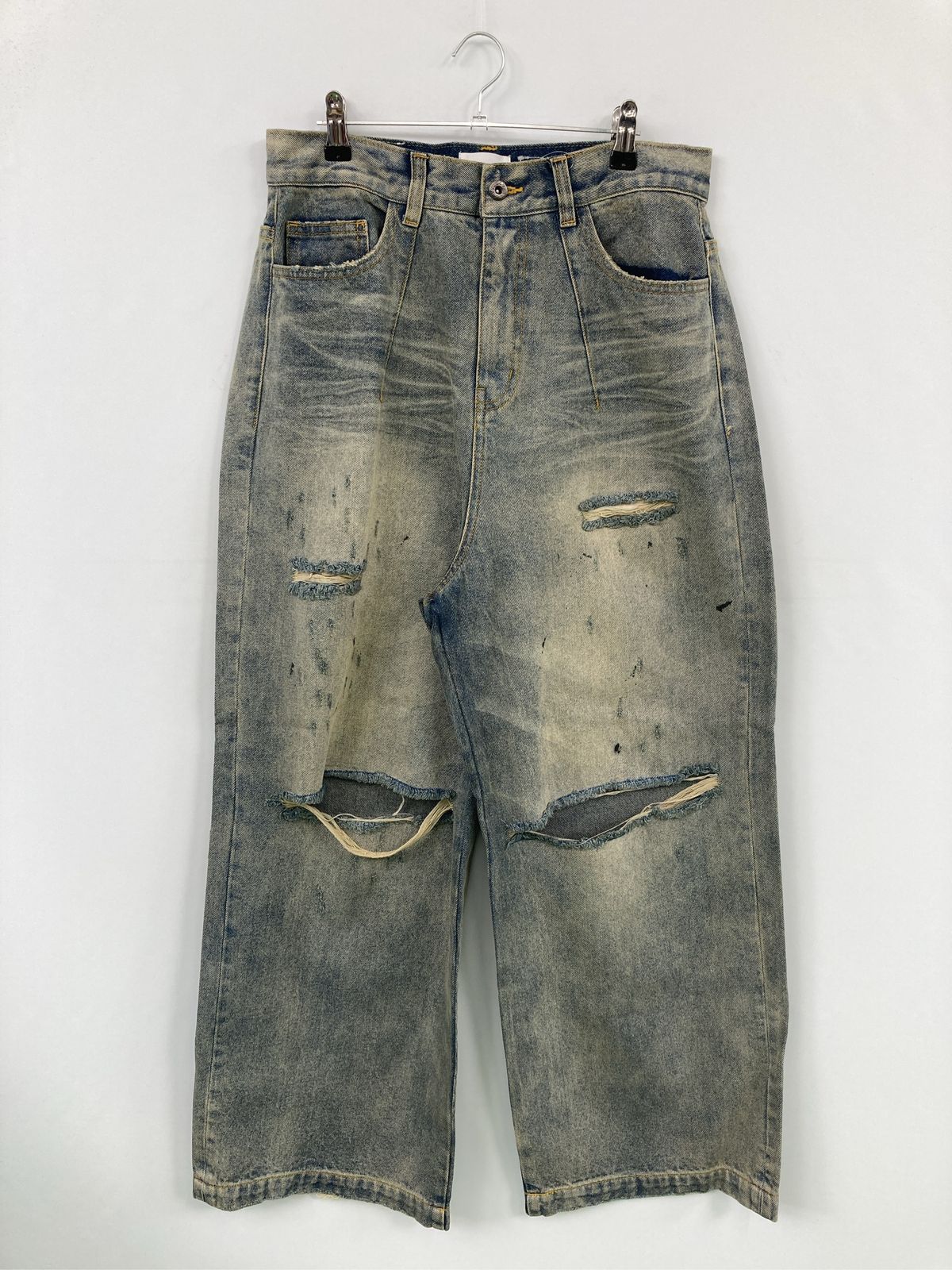 Camphor wood カンファーウッド デニムパンツ M ブルー フルレングス ワイド・ルーズ ストレート レギュラー ヴィンテージ クラッシュ・ダメージ メンズ