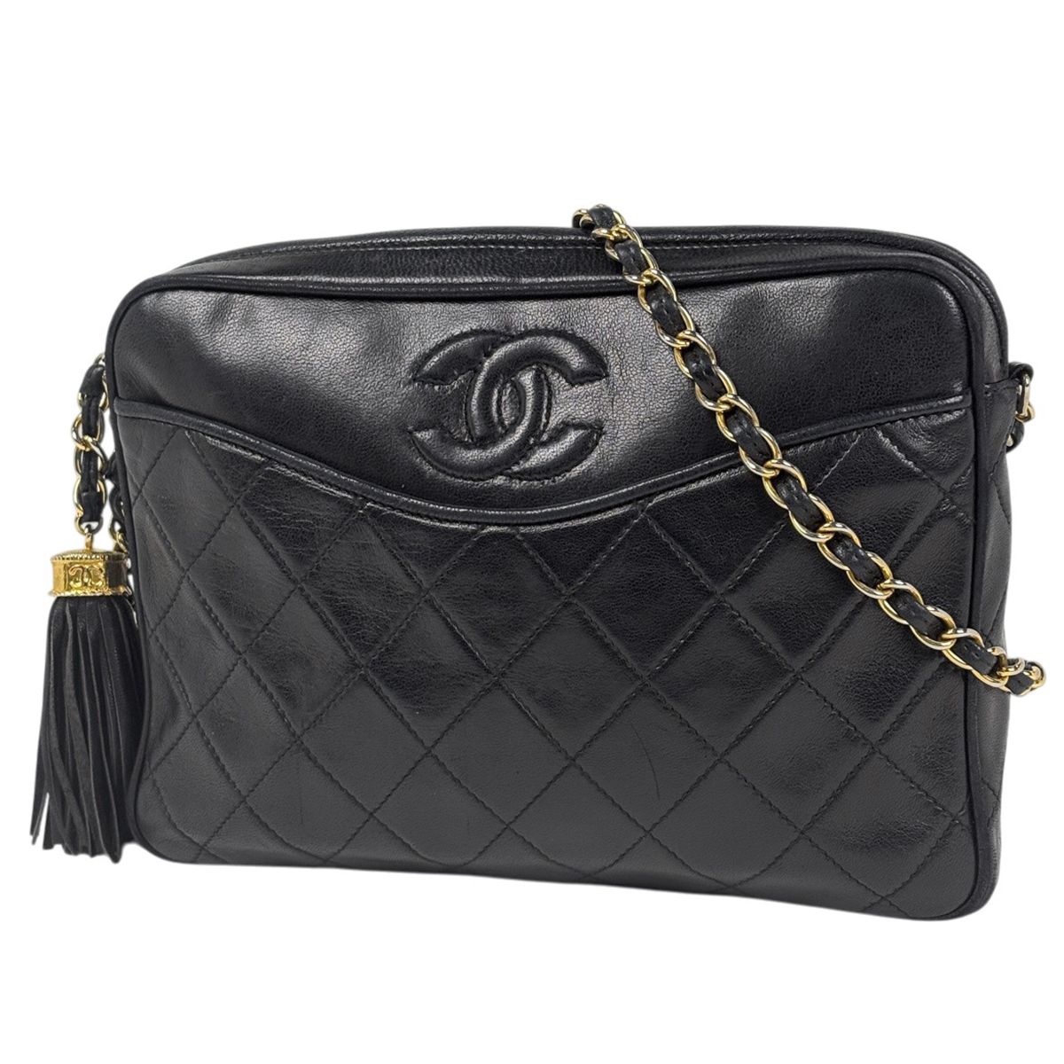 シャネル CHANEL ココマーク チェーン ショルダーバッグ マトラッセ フリンジ レザー ブラック レディース 【中古】