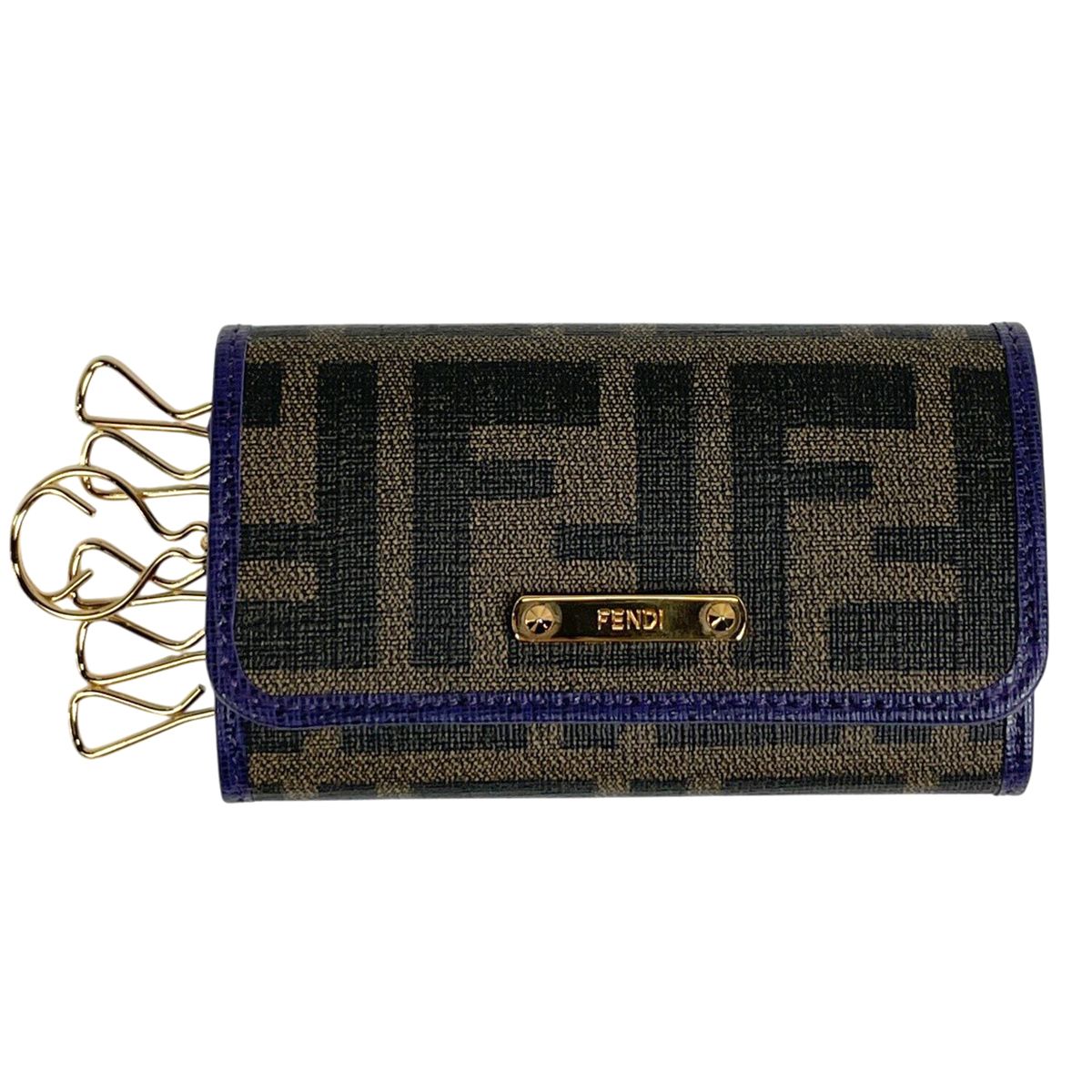 フェンディ FENDI ズッカ柄 6連 キーケース キーフック 鍵入れ コーティングキャンバス レザー ブラウン パープル 8AP079 レディース 【中古】