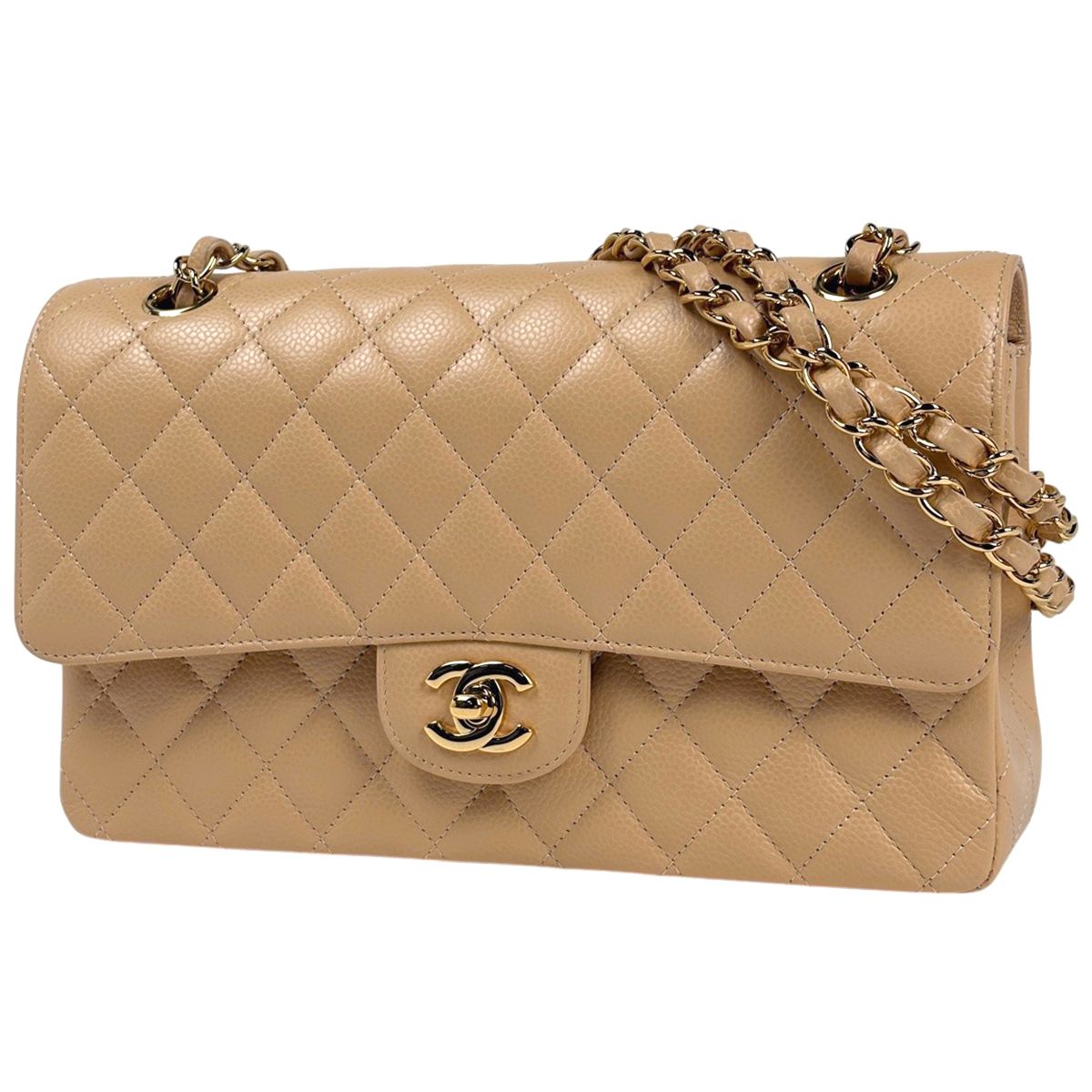 シャネル CHANEL マトラッセ Wフラップ チェーン ショルダーバッグ ココマーク レザー ベージュ A01112 レディース 【中古】
