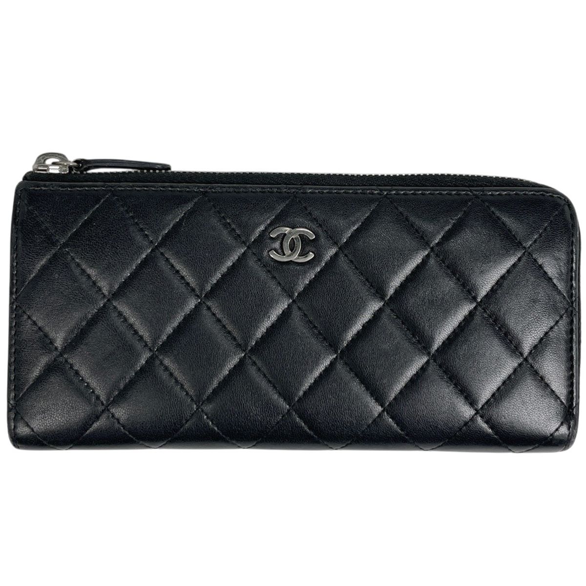 シャネル CHANEL ココマーク L字ファスナー 長財布 マトラッセ レザー ブラック レディース 【中古】