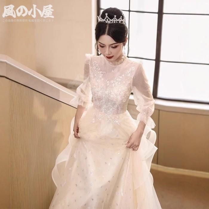 【数量限定】パーティードレス 結婚式 演奏会 ロングドレス 発表会 ピアノ 大きいサイズ S M L 2L 3L シャンパン チュール パフスリーブ20代 30代 40代 50代 フォーマル｜詳細画像