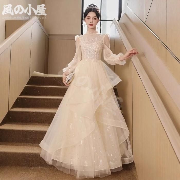 【数量限定】パーティードレス 結婚式 演奏会 ロングドレス 発表会 ピアノ 大きいサイズ S M L 2L 3L シャンパン チュール パフスリーブ20代 30代 40代 50代 フォーマル｜詳細画像