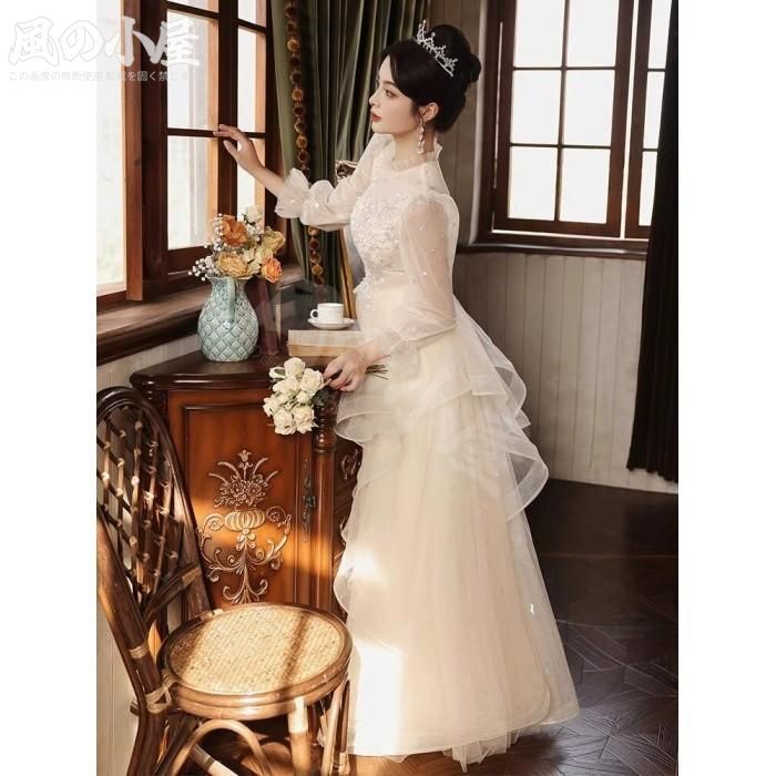 【数量限定】パーティードレス 結婚式 演奏会 ロングドレス 発表会 ピアノ 大きいサイズ S M L 2L 3L シャンパン チュール パフスリーブ20代 30代 40代 50代 フォーマル｜詳細画像