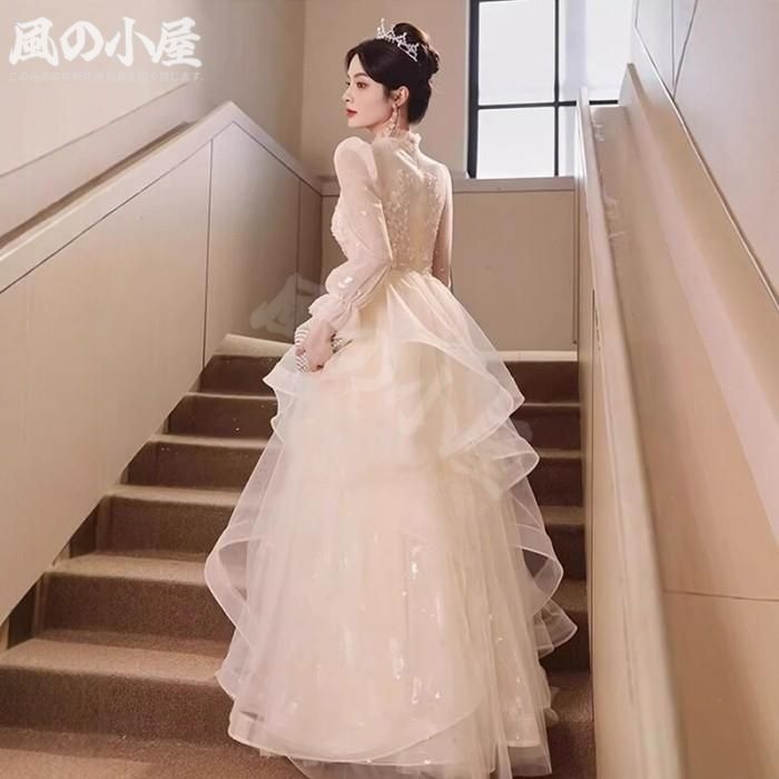 【数量限定】パーティードレス 結婚式 演奏会 ロングドレス 発表会 ピアノ 大きいサイズ S M L 2L 3L シャンパン チュール パフスリーブ20代 30代 40代 50代 フォーマル｜詳細画像