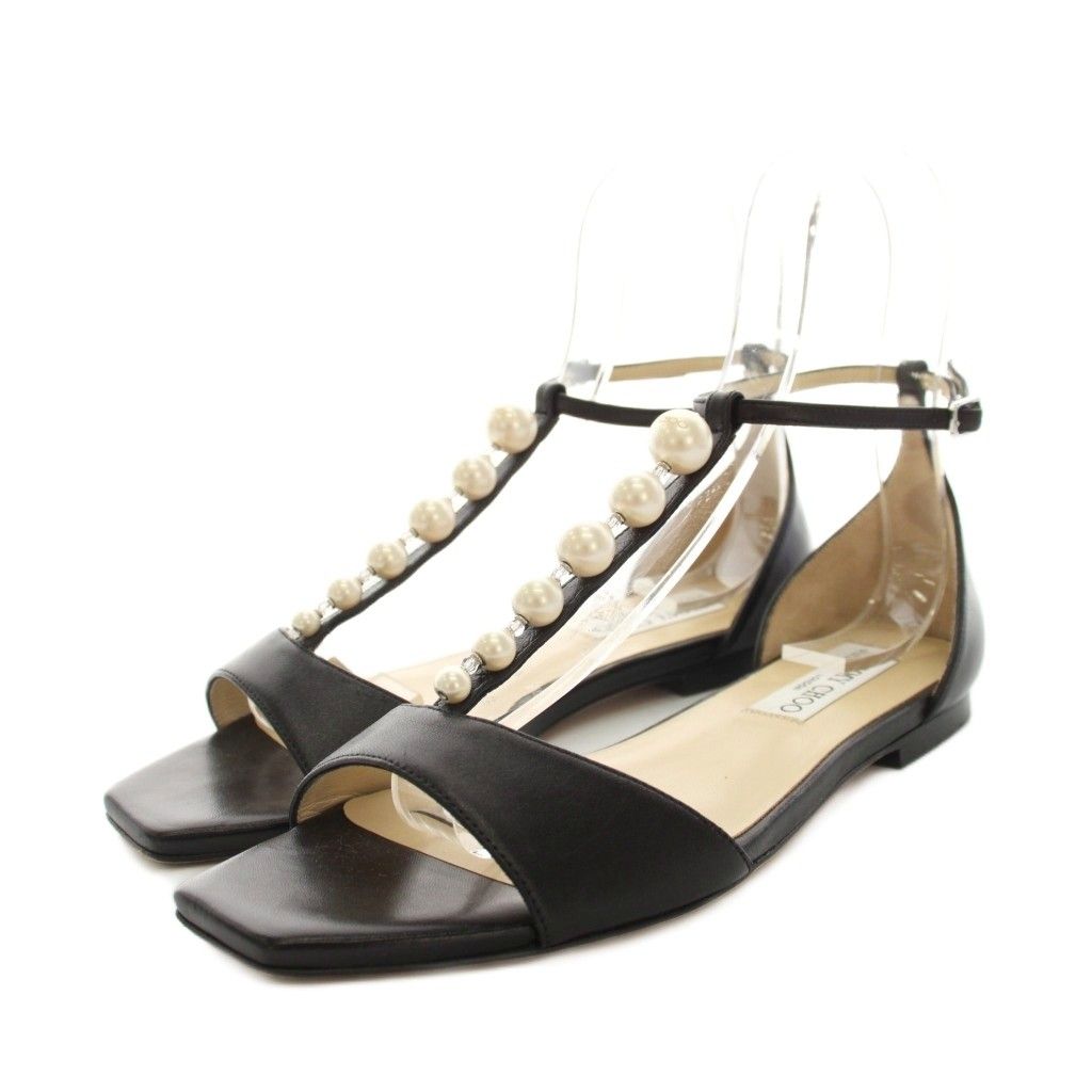 ジミーチュウ JIMMY CHOO サンダル ローヒール フラット アンクルストラップ レザー パール 38 黒 ブラック 白 ホワイト /YT