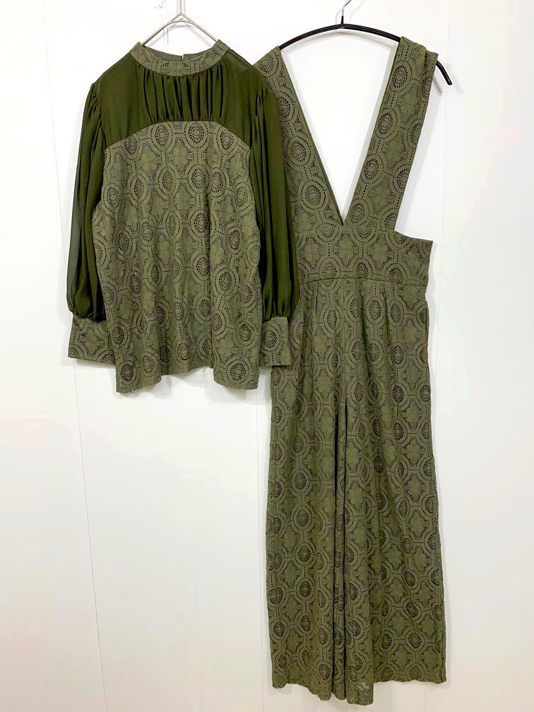 niana ニアナ レトロレースセットアップパンツドレス セットアップ sizeM/カーキ ■■◎レディース