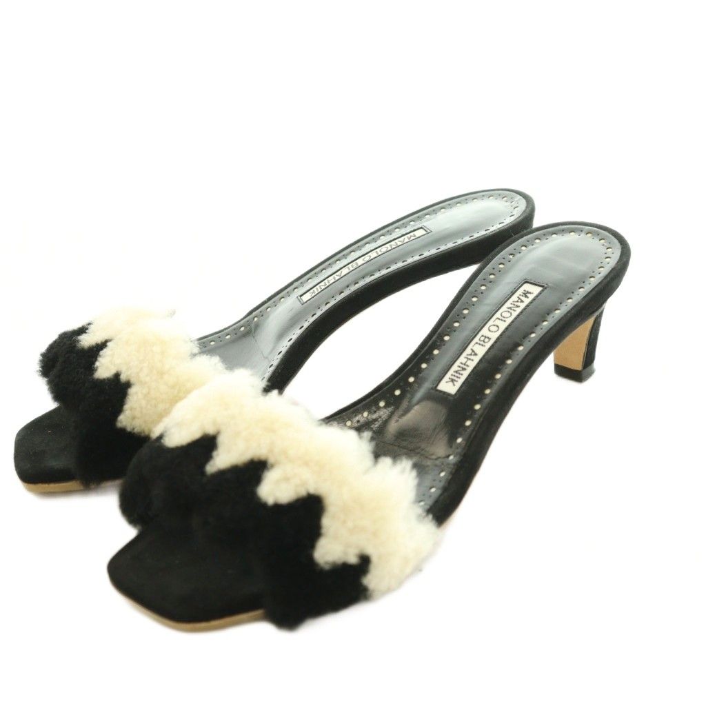 MANOLO BLAHNIK FLARIABI ブラック/ホワイト 35 マノロブラニク MANOLO BLAHNIK BAYLIE ミュール ボア スクエアトゥ 37