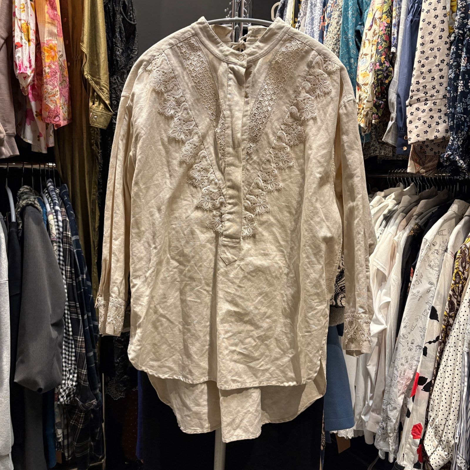 78 ne Quittez pas　ヌキテパ レース ブラウス シャツ トップス　レディース　blouse　shirt　Tops　ladies　長袖 コットンリネン ベージュ　F フリーサイズ