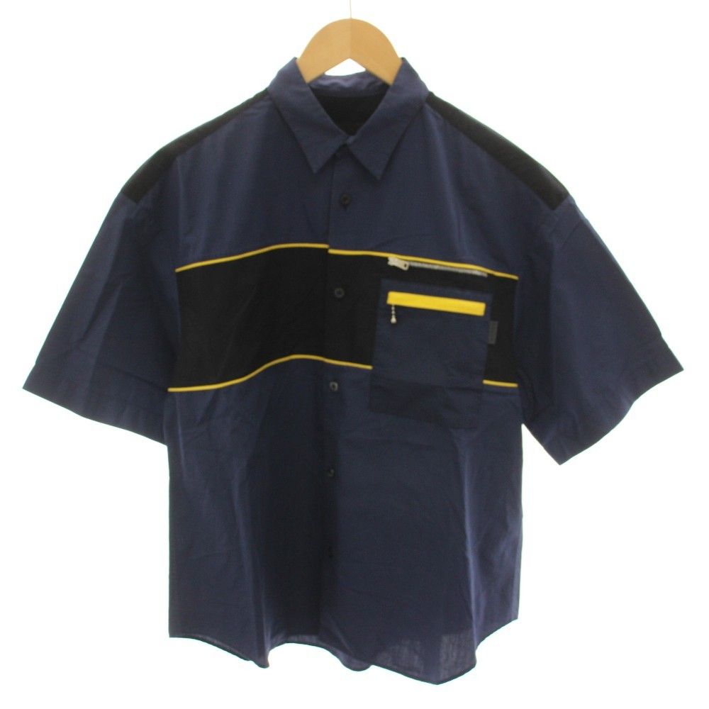 プラダ PRADA 2015年製 シャツ 半袖 胸ポケット S 紺 ネイビー 黄 イエロー /YT