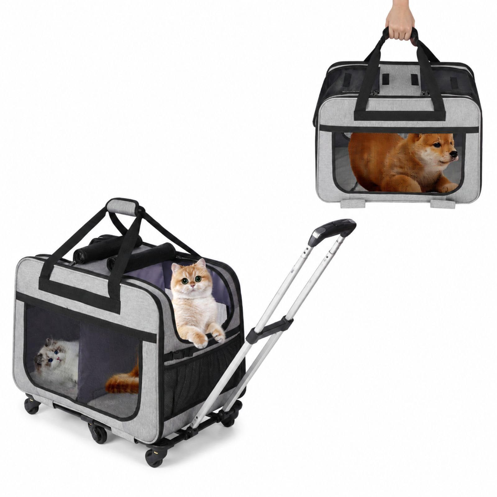 ペットトロリーバッグ カート ペットキャリーケース キャリー キャリー 折り畳み 犬 小型 20kgまでサポート キャスター付き 匹 通気性 2 猫 旅行/通院/交通機関/災害避難用 HOVONO