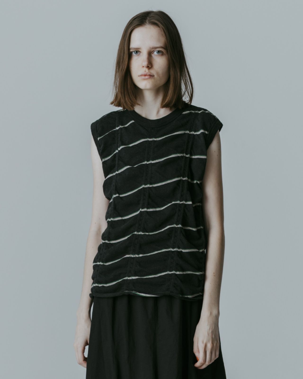 MEYAME メヤメ TUCKED JACQUARD BORDER SLEEVELESS MEY-2404 BLACK スリーブレス