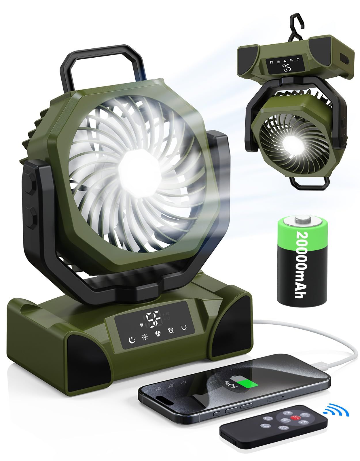 【2025新登場 涼風マスター】KINGLEAD 20000mAhキャンプ扇風機 DCモーター 5段階風量 3色調光 LEDディスプレイ タッチ操作 TYPE-C 充電式 自動首振り 睡眠モード タイマー機能 コンパクト サーキュレーター 卓 a5b301c5