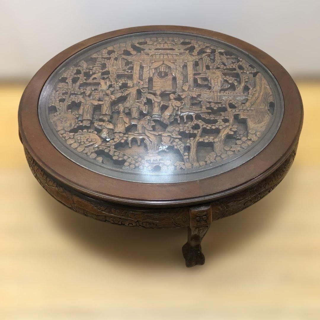 中国 山水人物 高肉彫り 丸座卓 直径102cm ガラス天板付 アジアン家具 和風家具 旅館 店舗什器 獣足 ローテーブル　260215-4
