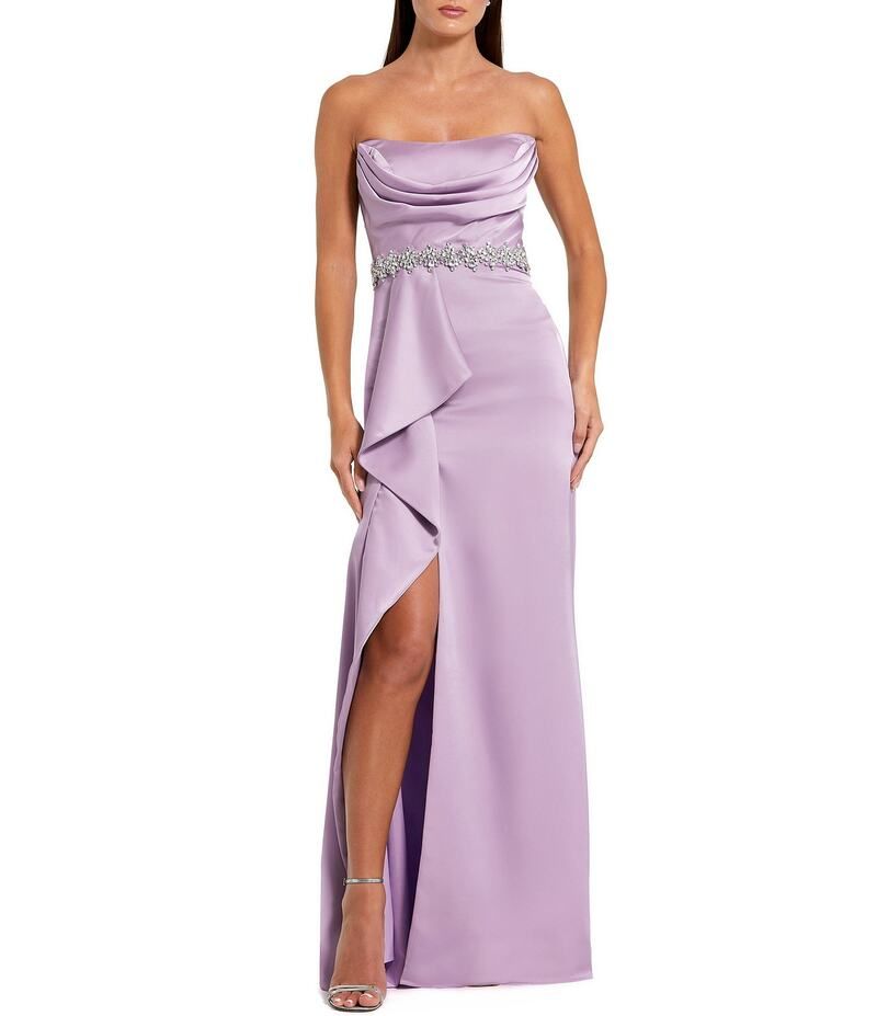 マックダガル レディース トップス ワンピース ドレープ フリル サテン ストラップレス Mac Duggal Strapless Draped Bodice Ruffle Front Beaded