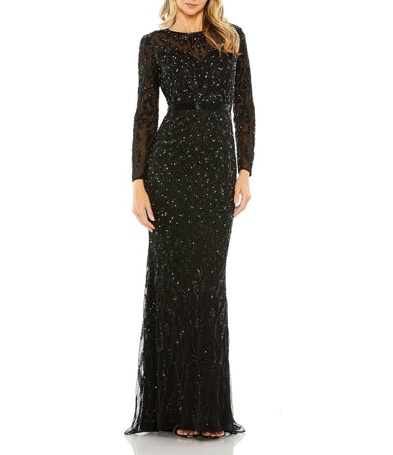 マックダガル レディース トップス ワンピース クルーネック スパンコール Mac Duggal Long Sleeve Sequin Crew Neck Fully Lined Sheath Gow