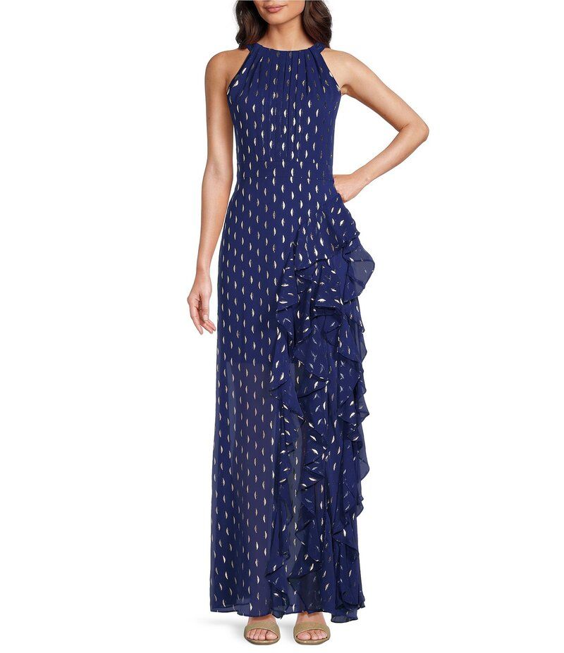 ベッツィアンドアダム レディース トップス ワンピース プチ フリル トール ノースリーブ ホルター Betsy Adam Petite Size Metallic Front Ruffled Sli
