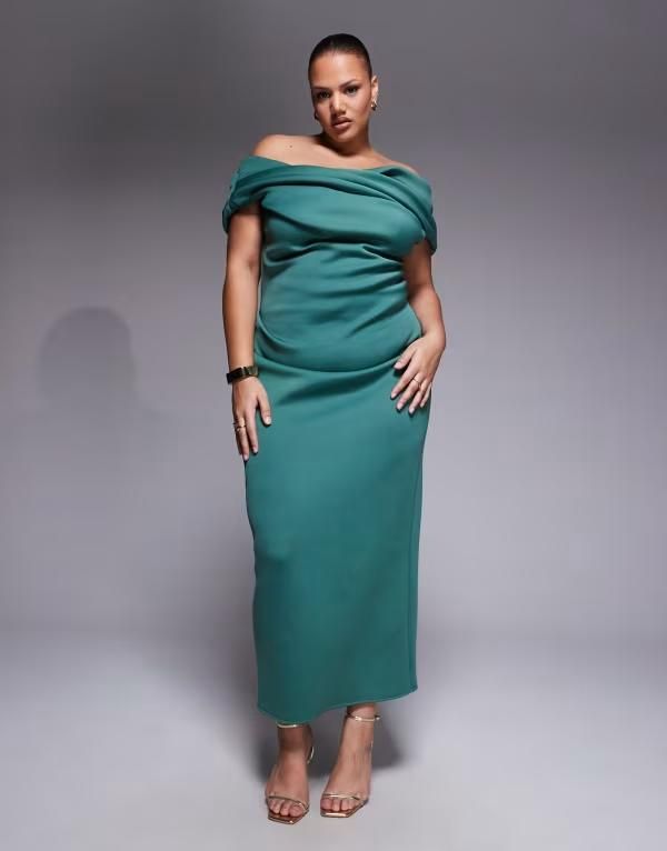 エイソス レディース トップス ワンピース ミディ スキューバ ASOS Curve ASOS DESIGN Curve bardot midi dress with split in teal sc