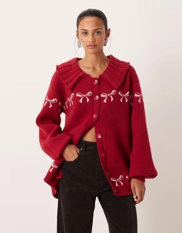 フォーラブアンドレモン レディース アウター カーディガン リブ ニット For Love Lemons bow intarsia knit oversized cardigan with ribbe