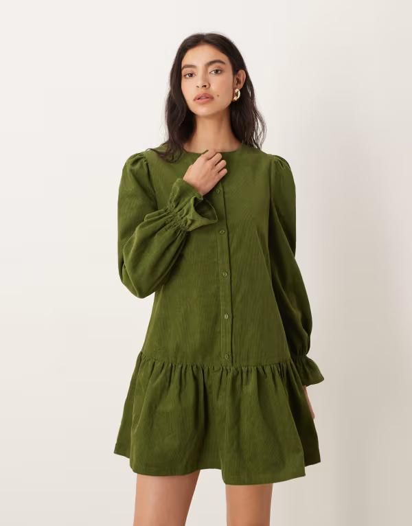グラマラス レディース トップス ワンピース コーデュロイ ミニワンピース ミニ Glamorous long sleeve corduroy smock mini dress in olive OL