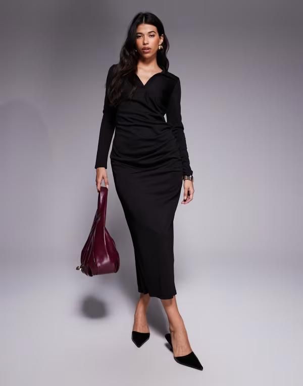 エイソス レディース トップス ワンピース マキシワンピース ドレープ シャツ マキシ ASOS DESIGN long sleeve draped shirt maxi dress Black ブラ