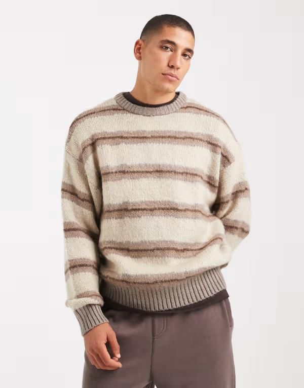 コットンオン メンズ アウター ニット・セーター ニット Cotton On box fit fuzzy crew knit stripe Gray Stripe グレー