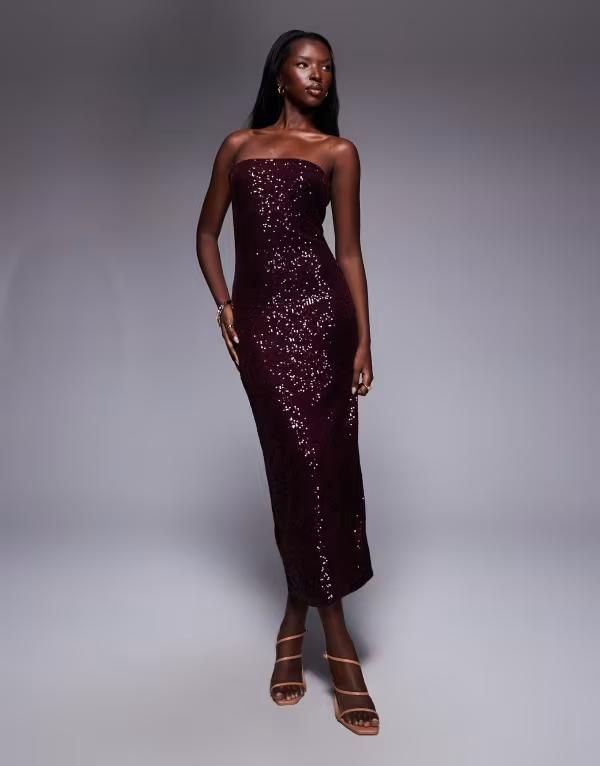 エイソス レディース トップス ワンピース ミディワンピース ミディ スパンコール ASOS DESIGN sequin bandeau midi dress burgundy バーガンディ