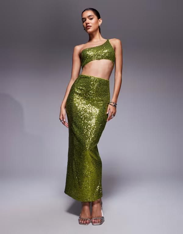 エイソス レディース トップス ワンピース ミディワンピース ミディ スパンコール ASOS DESIGN all over sequin one shoulder faux set midi dre