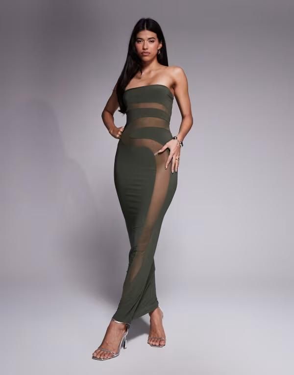 エイソス レディース トップス ワンピース マキシワンピース マキシ ASOS DESIGN bandeau maxi dress with sculpting detail Khaki カーキ