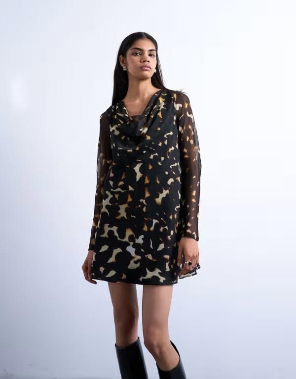 トップショップ レディース トップス ワンピース プリント ミニ Topshop long sleeve cowl neck mini tea dress in tortoise print BROW