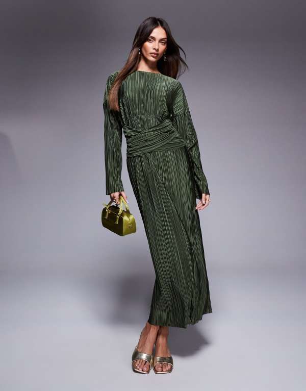 エイソス レディース トップス ワンピース ラップウエスト ハイネック マキシワンピース マキシ ASOS DESIGN plisse high neck long sleeve wrap waist