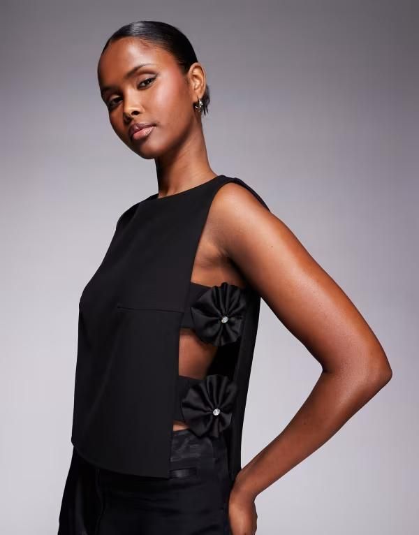リバーアイランド レディース トップス タンクトップ River Island 3D flower seam detail top Black ブラック
