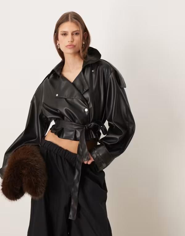 エイソス レディース アウター ジャケット・ブルゾン クロップド レザー フェイクレザー ASOS DESIGN faux leather trench cropped jacket Black ブラ