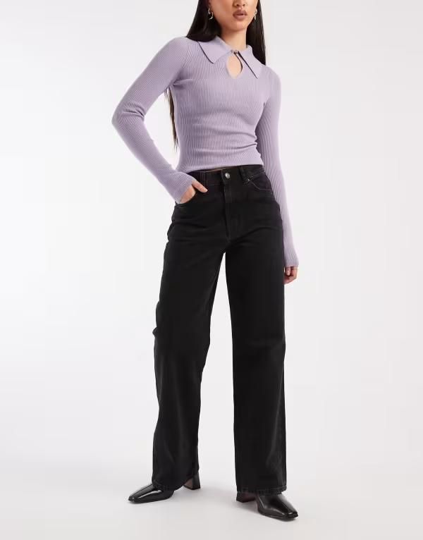 エイソス レディース ボトムス デニムパンツ ワイドレッグ ジーンズ ASOS DESIGN wide leg dad jeans WASHED BLACK ブラック