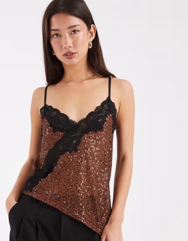 エイソス レディース トップス タンクトップ アシンメトリー レーストリム スパンコール レース ASOS DESIGN asymmetric sequined cami top with lace