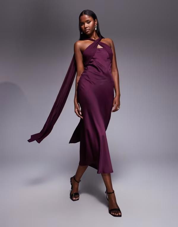 エイソス レディース トップス ワンピース シフォン サテン マキシ ASOS DESIGN twistedetail satin chiffon maxi dress with scarf in p