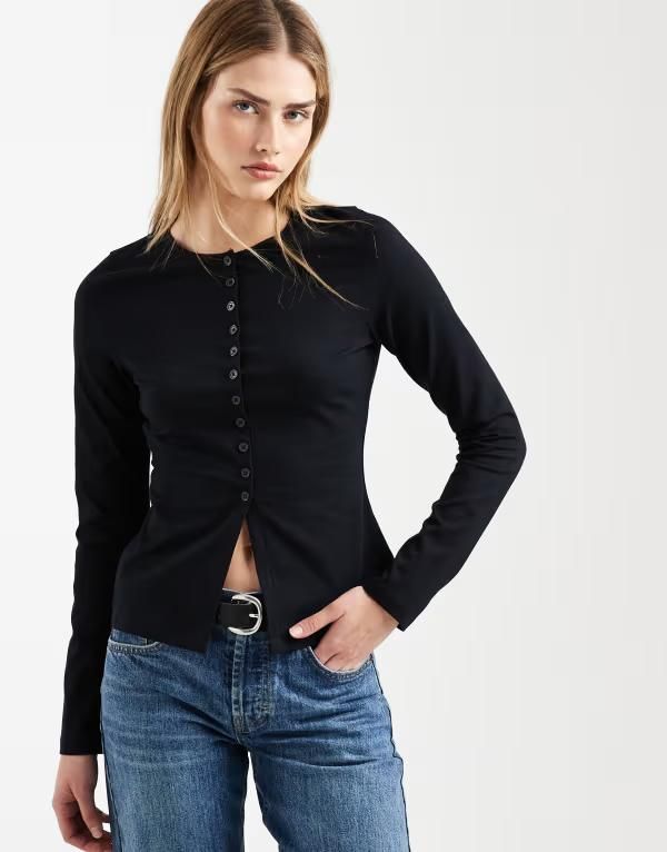 エイソス レディース トップス Tシャツ コットン ASOS DESIGN cotton longline button up top Black ブラック
