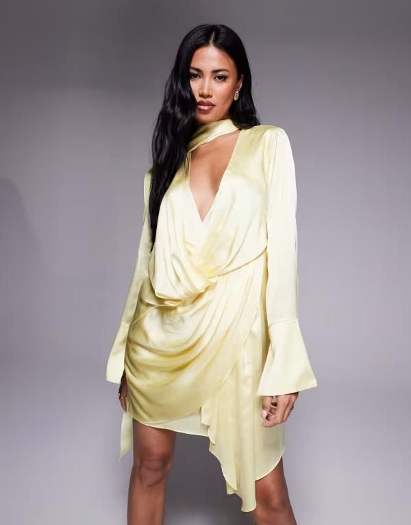エイソス レディース トップス ワンピース ミニワンピース ドレープ ミニ サテン スカート ASOS DESIGN satin long sleeve plunge mini dress with