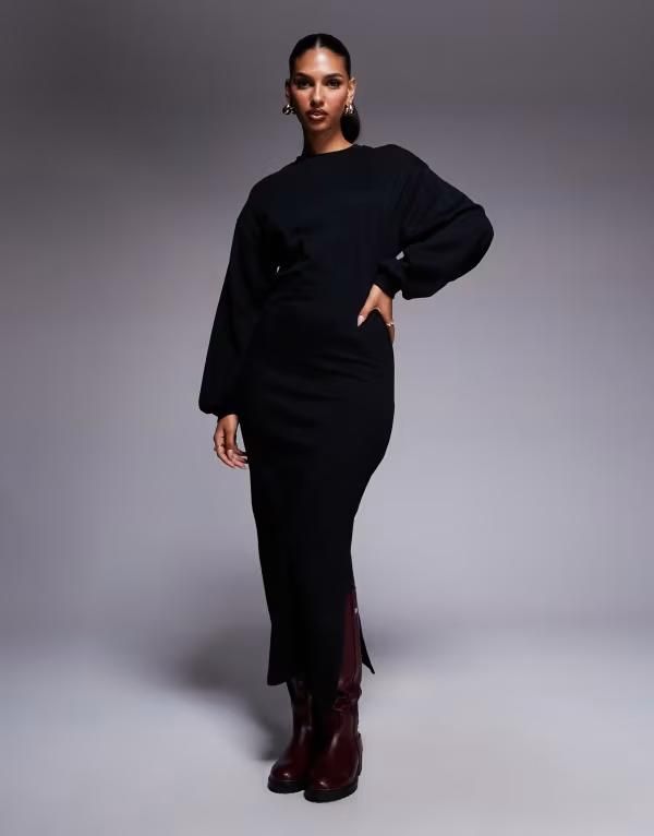 エイソス レディース トップス ワンピース バルーンスリーブ ミディ コットン ASOS DESIGN cotton balloon sleeve midi sweat dress Black ブラッ