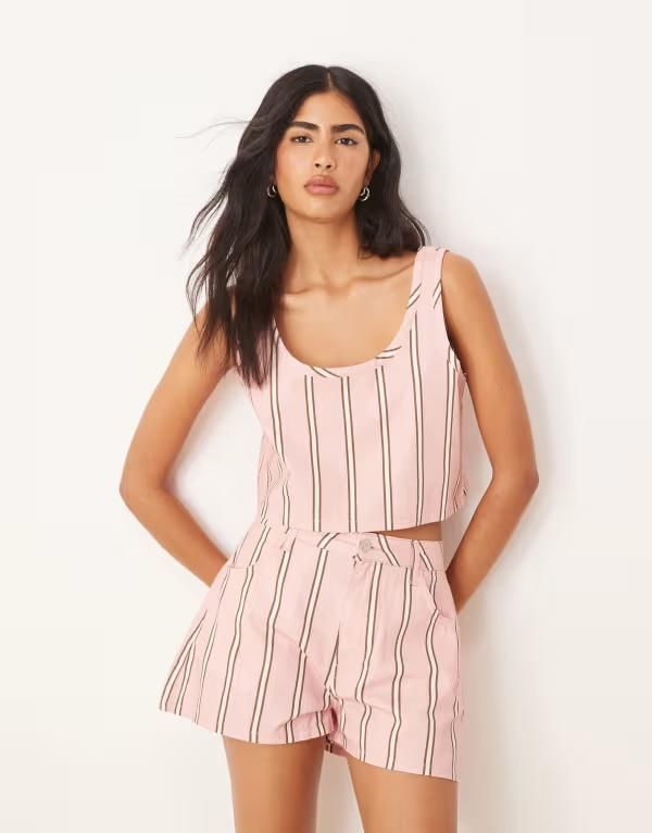 エイソス レディース トップス ベスト クロップド デニム ASOS DESIGN denim cropped tank top in stripe part of a set Pink Stripe