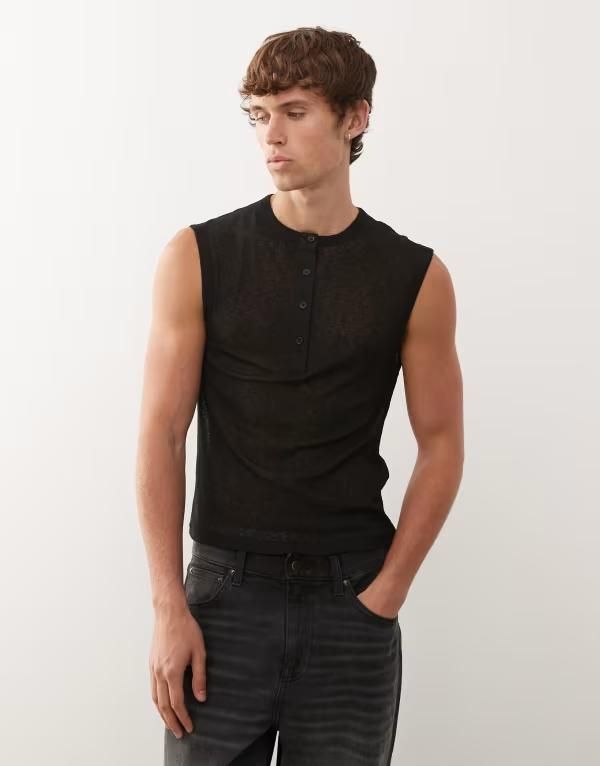 コルージョン メンズ トップス Tシャツ メッシュ COLLUSION Black henley button placket tank in mesh Black ブラック