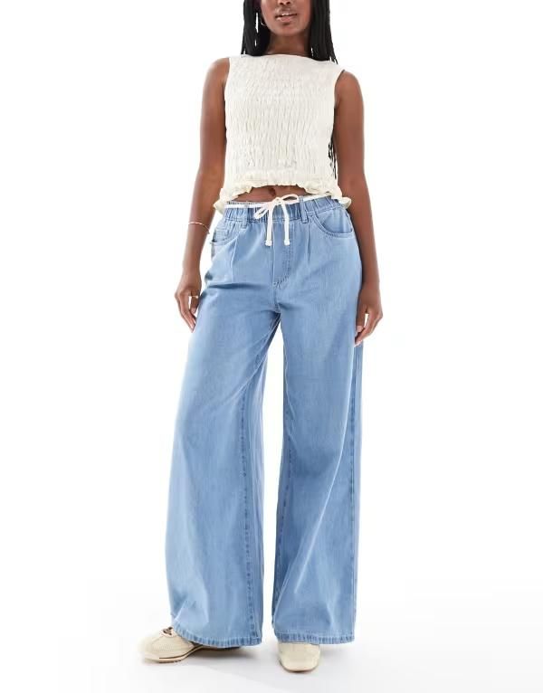 ヴェロモーダ レディース ボトムス デニムパンツ ワイドレッグ ジーンズ Vero Moda Valeria wide leg dad jeans with rope tie waist in lig