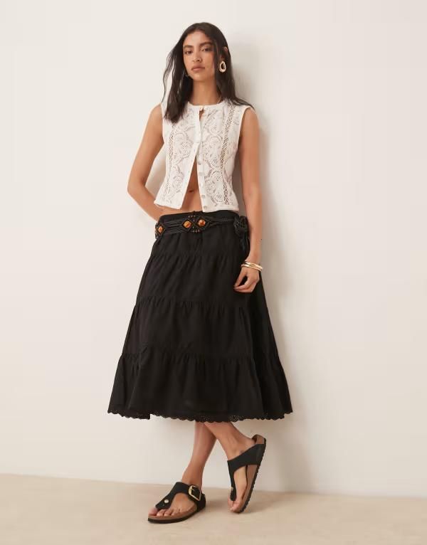 エイソス レディース ボトムス スカート ティアード ミディ ASOS DESIGN prairie tiered midi skirt Black ブラック