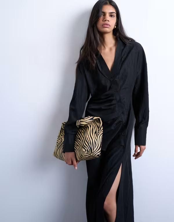トップショップ レディース トップス ワンピース ギャザー ミディ シャツ Topshopen collaruched long sleeve midi shirt dress Black ブラック