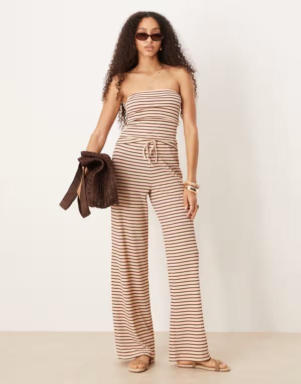 エイソス レディース ボトムス カジュアルパンツ ワイドレッグ パンツ ASOS DESIGN striped wide leg pants in cream part of a set CREAM