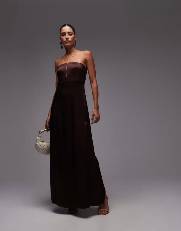 トップショップ レディース トップス ワンピース ミディワンピース ミディ サテン Topshop satin bandeau midi dress in chocolate Chocolate チョ