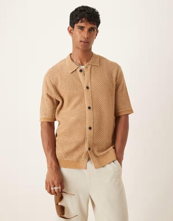セレクテッドオム メンズ トップス シャツ Selected Homme crochet shirt in tan Chipmunk Oatmeal オートミール